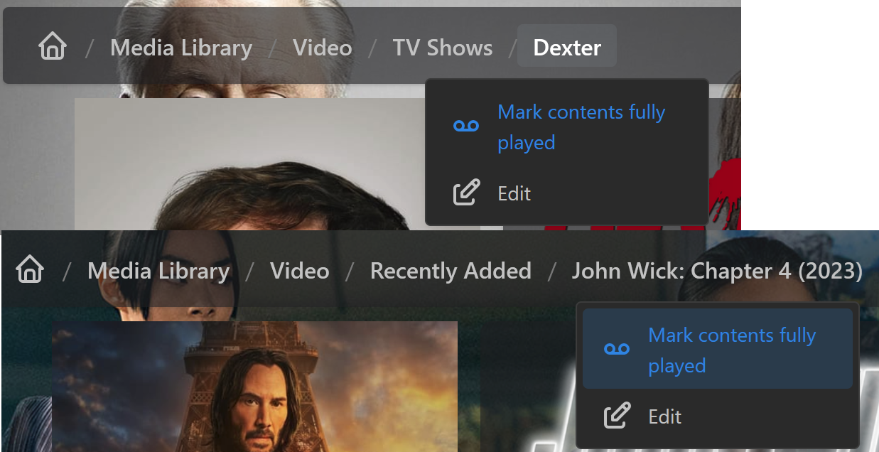 Exemplo de como marcar séries e vídeos da TV como totalmente reproduzido